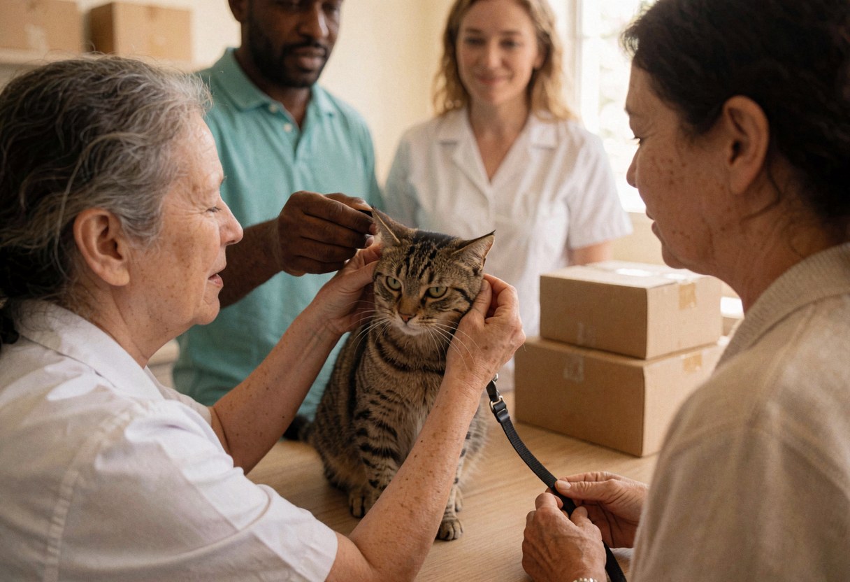 Une vétérinaire examine un chat pendant que son propriétaire le tient sur une table de consultation.