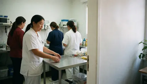 Quatre personnes en uniforme travaillent autour d'une table d'opération métallique dans une clinique vétérinaire.