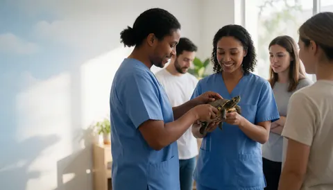 Deux vétérinaires en uniforme bleu tiennent une tortue tandis que d'autres personnes observent dans une clinique vétérinaire.