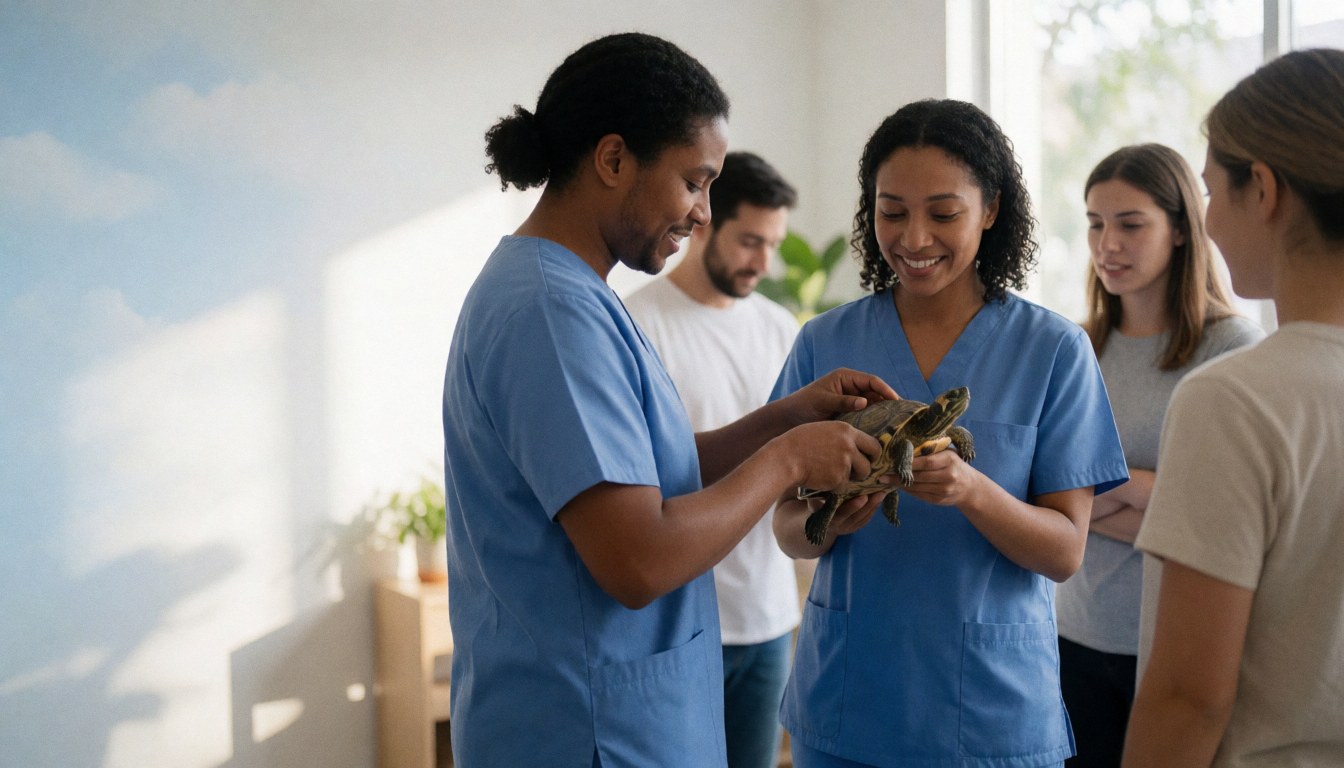 Deux vétérinaires en uniforme bleu tiennent une tortue tandis que d'autres personnes observent dans une clinique vétérinaire.