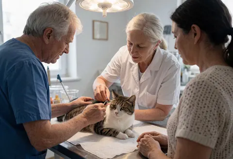 Un vétérinaire et son assistant prennent soin d'un chat pendant que la propriétaire observe depuis le côté droit.