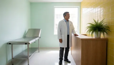 Médecin masculin en tenue blanche debout près d'un comptoir avec une table d'examen et une plante verte en arrière-plan lumineux.
