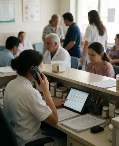 Une réceptionniste utilise son téléphone portable et un ordinateur à la réception d'une clinique vétérinaire, tandis que d'autres professionnels et clients se trouvent en arrière-plan.