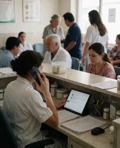 Une réceptionniste utilise son téléphone portable et un ordinateur à la réception d'une clinique vétérinaire, tandis que d'autres professionnels et clients se trouvent en arrière-plan.
