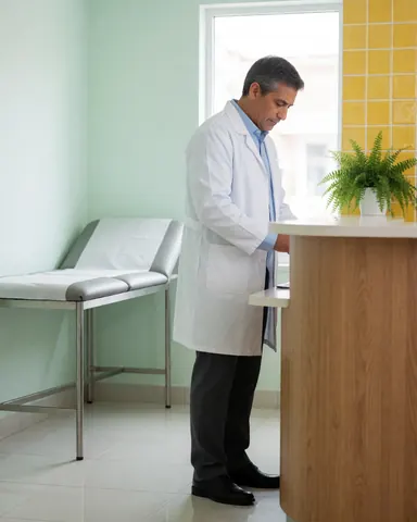 Un médecin homme en blouse blanche examine des papiers dans une clinique avec une civière visible en arrière-plan.