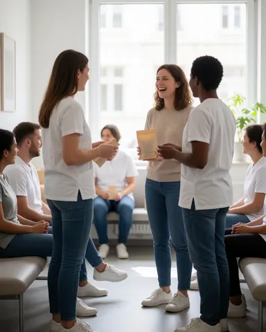 Une femme sourit en recevant un paquet des mains d'une employée dans un bureau avec d'autres personnes assises.