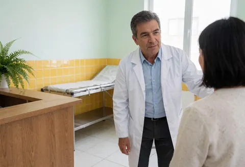 Un médecin masculin en blouse blanche examine un patient adulte allongé sur une table d'examen dans un cabinet médical aux murs jaunes.