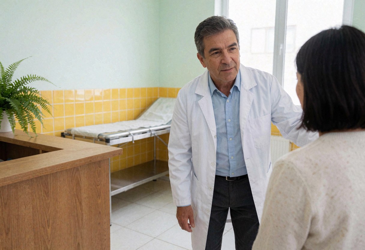 Un médecin masculin en blouse blanche examine un patient adulte allongé sur une table d'examen dans un cabinet médical aux murs jaunes.