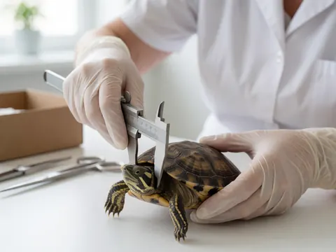 Un professionnel de santé animale mesure la tête d'une tortue sur une table blanche avec des instruments médicaux en arrière-plan.