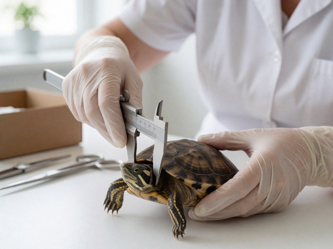 Un professionnel de santé animale mesure la tête d'une tortue sur une table blanche avec des instruments médicaux en arrière-plan.