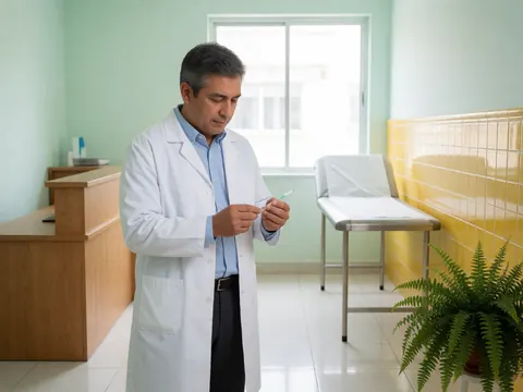 Un médecin adulte en blouse blanche prépare une seringue dans un cabinet médical avec des lits et une réception.