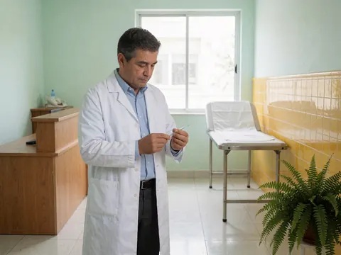 Un médecin adulte en blouse blanche prépare une seringue dans un cabinet médical avec des lits et une réception.