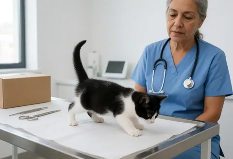 Une vétérinaire utilise un stéthoscope pour examiner un petit chat noir et blanc posé sur une table d'examen dans une clinique.