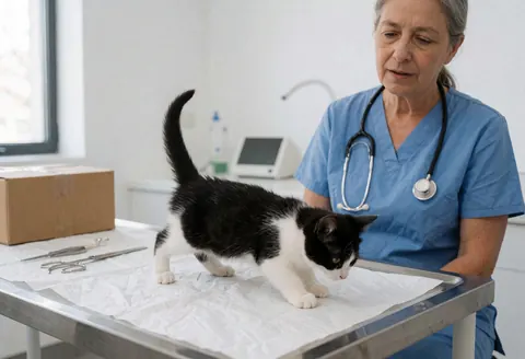 Une vétérinaire utilise un stéthoscope pour examiner un petit chat noir et blanc posé sur une table d'examen dans une clinique.