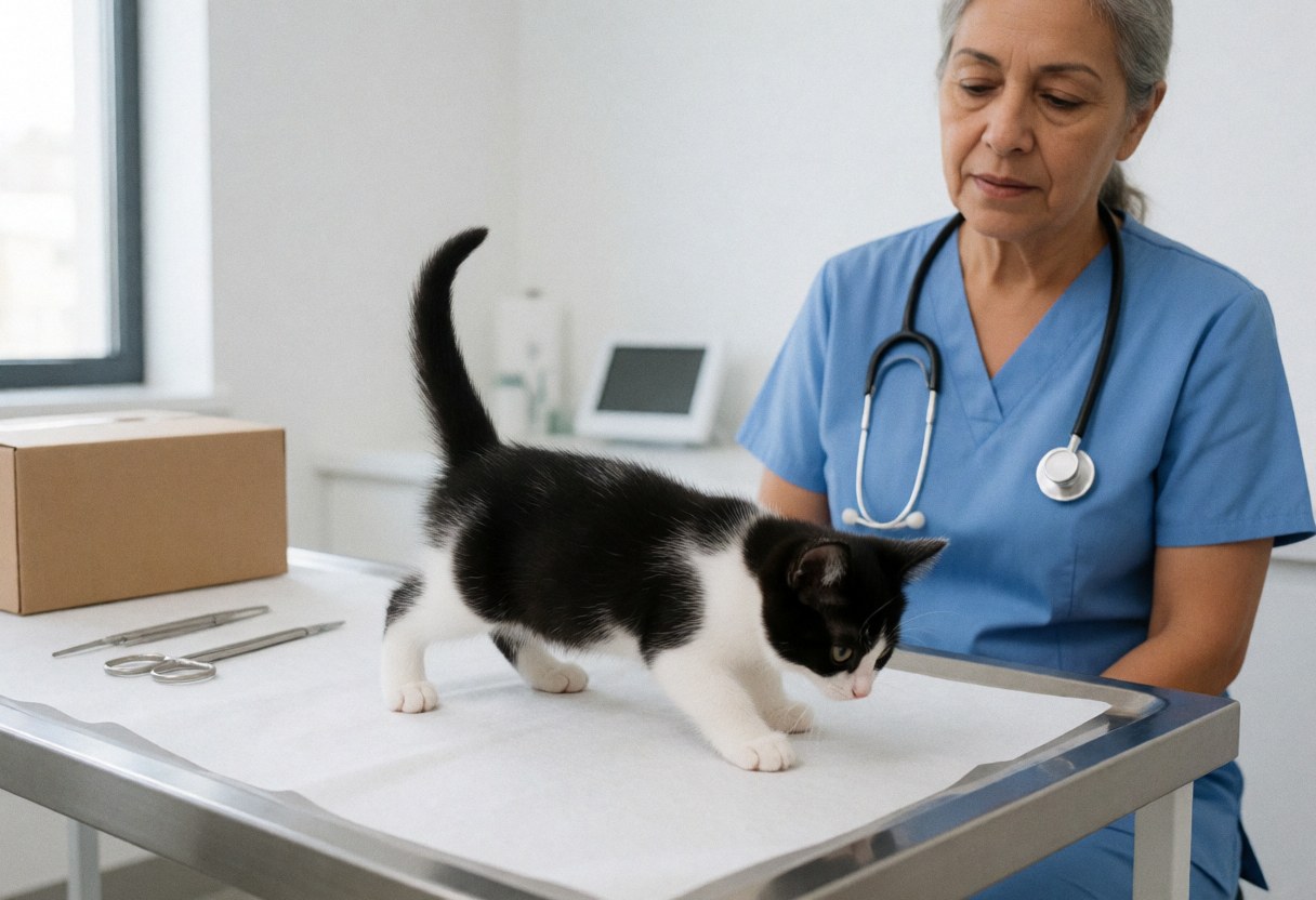 Une vétérinaire utilise un stéthoscope pour examiner un petit chat noir et blanc posé sur une table d'examen dans une clinique.