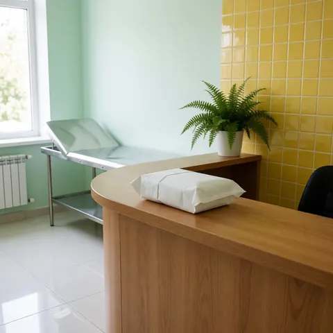 Kit d'instruments médicaux stériles posé sur un comptoir en bois dans une clinique, avec une table d'examen et une plante verte en arrière-plan.