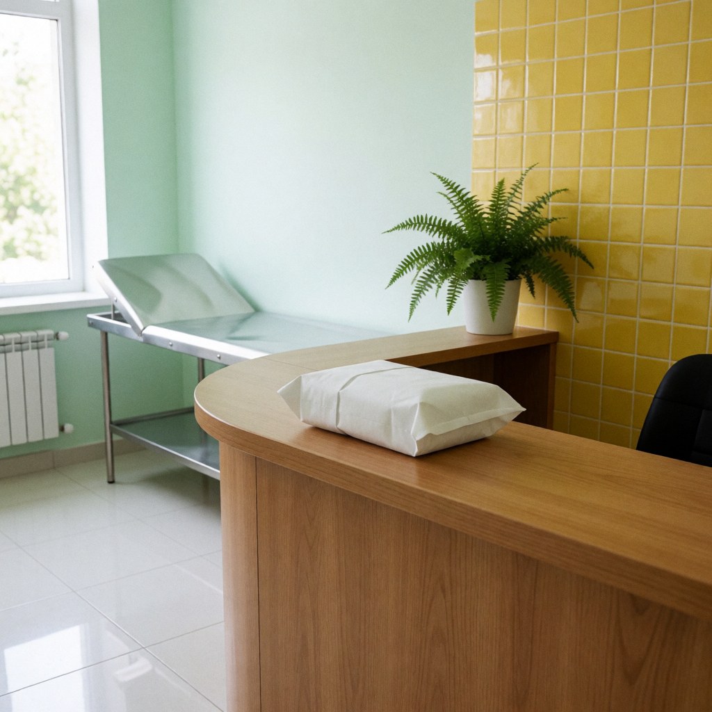 Kit d'instruments médicaux stériles posé sur un comptoir en bois dans une clinique, avec une table d'examen et une plante verte en arrière-plan.