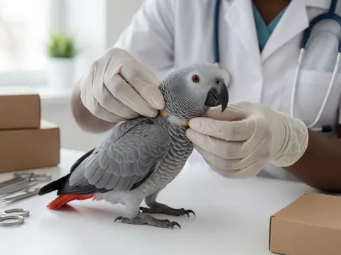 Un vétérinaire ajuste un collier jaune sur un perroquet gris posé sur une table blanche avec des outils médicaux.
