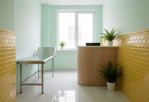 Réception de clinique avec comptoir en bois, lits métalliques et murs verts et jaunes avec plantes.