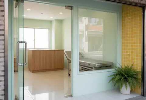 Entrée d'une clinique montrant un comptoir de réception, des lits médicaux et des murs peints en vert et jaune.