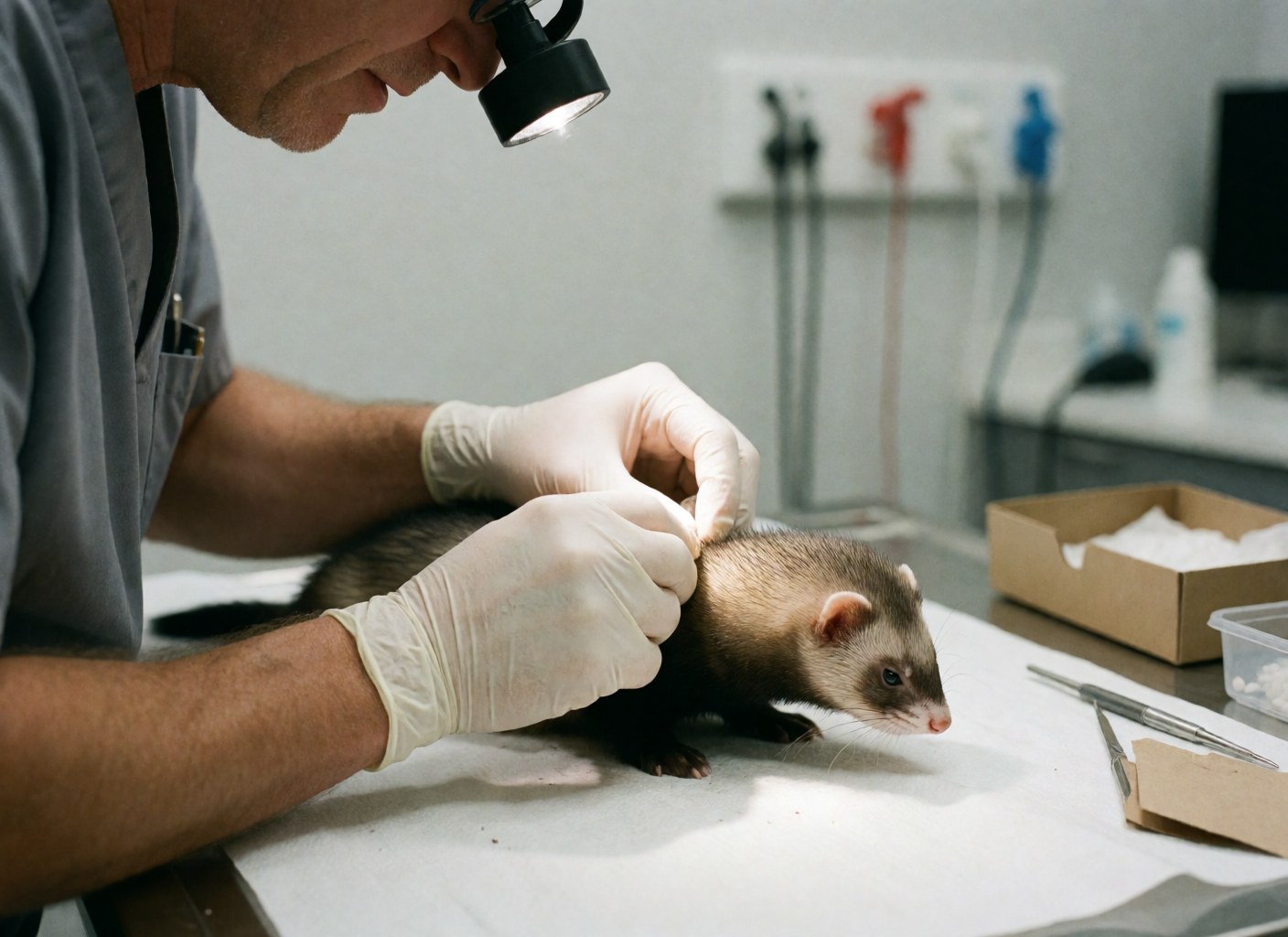 Un vétérinaire aux gants blancs examine un furet posé sur une table d'examen dans une clinique vétérinaire moderne.