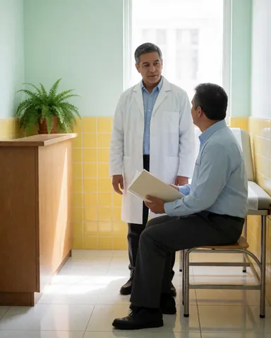 Médecin en blouse blanche parlant à un patient assis sur une chaise dans le cabinet médical.