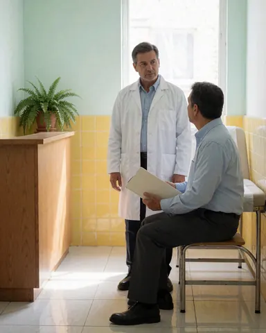 Médecin en blouse blanche parlant à un patient assis sur une chaise dans le cabinet médical.