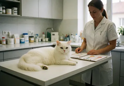 Un chat blanc repose sur une table pendant qu'une vétérinaire consulte un carnet de notes.