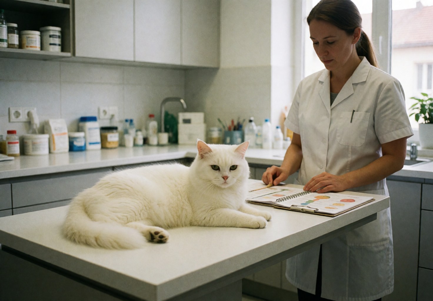 Un chat blanc repose sur une table pendant qu'une vétérinaire consulte un carnet de notes.