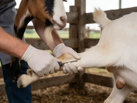 Un vétérinaire portant des gants blancs examine attentivement la patte d'une chèvre blanche dans un enclos en bois.