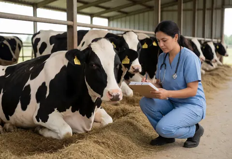 Une vétérinaire en uniforme bleu examine une vache laitière dans une étable remplie de foin.
