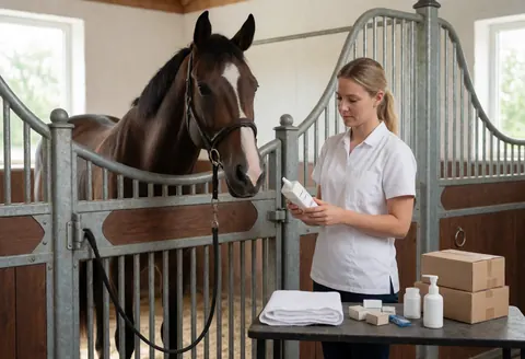Une femme adulte examine des produits pharmaceutiques à proximité d'un cheval dans une écurie.