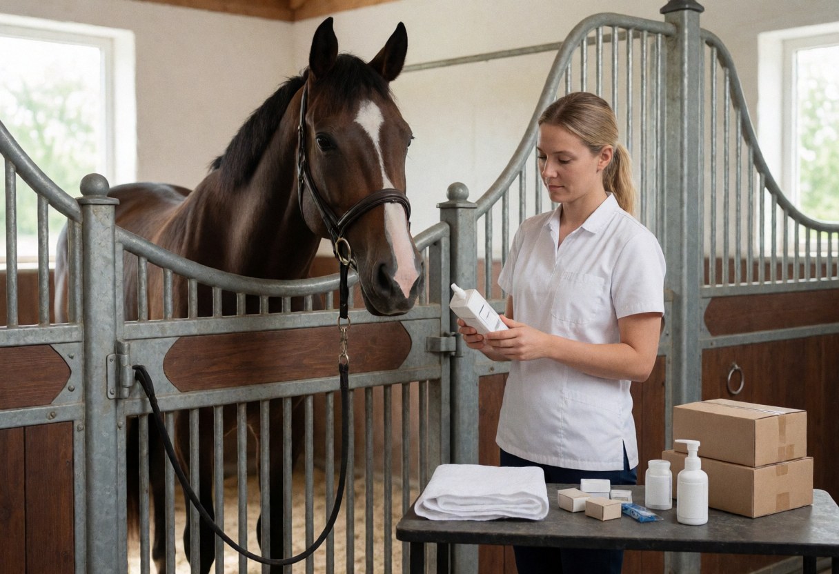 Une femme adulte examine des produits pharmaceutiques à proximité d'un cheval dans une écurie.