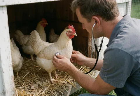 Un vétérinaire examine une poule à l'aide d'un stéthoscope dans une cage en extérieur.