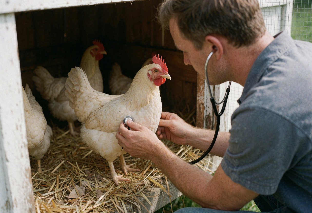 Un vétérinaire examine une poule à l'aide d'un stéthoscope dans une cage en extérieur.