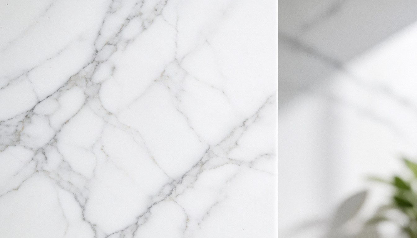 Surface en marbre blanc poli avec des veines grises, offrant une texture élégante et moderne, idéale comme arrière-plan pour des présentations commerciales ou des designs intérieurs.