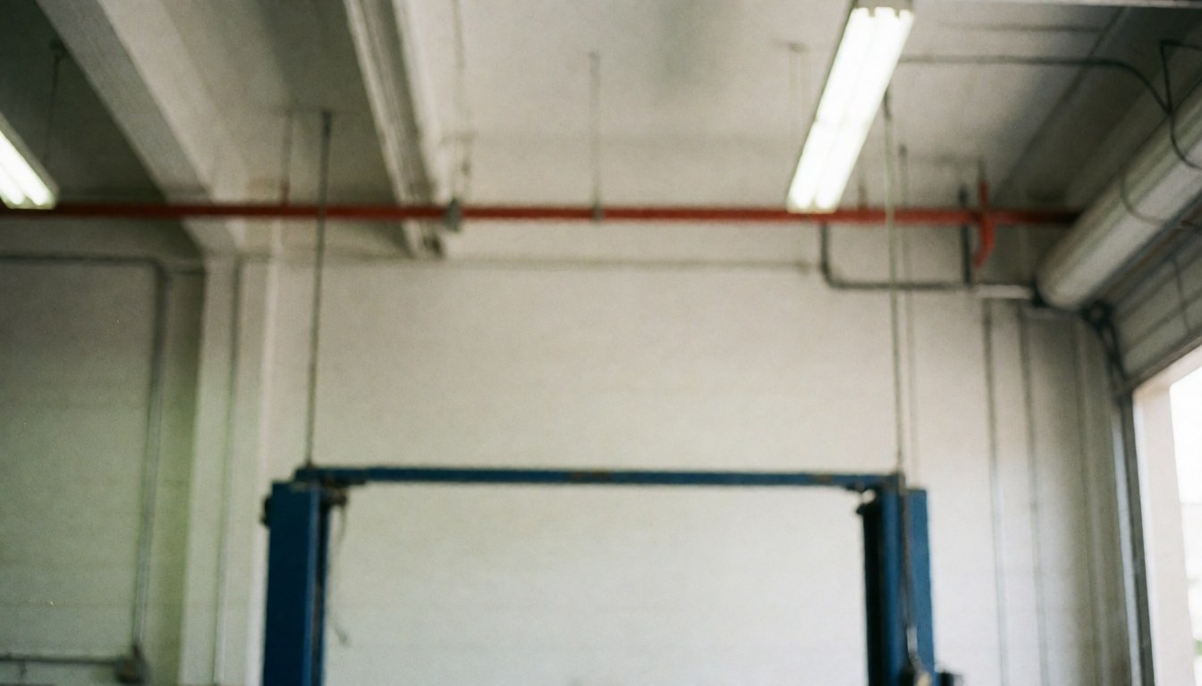 Vue du plafond d'un garage montrant des tuyaux, des luminaires fluorescents et une structure métallique industrielle en arrière-plan.
