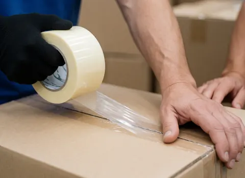 Une main portant un gant noir aide à sceller une boîte en carton à l'aide de ruban adhésif transparent, illustrant le processus d'emballage.