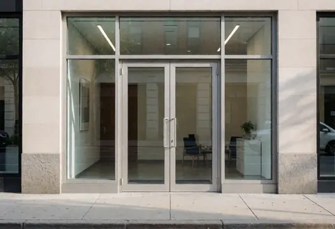 Entrée de bureau moderne avec portes vitrées et réception visible à l'intérieur