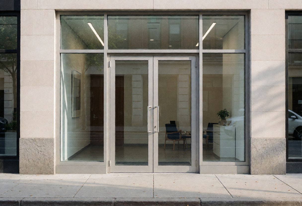 Entrée de bureau moderne avec portes vitrées et réception visible à l'intérieur