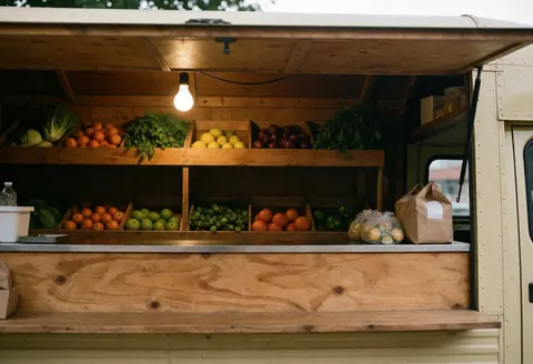 Vue intérieure d'un camion de restauration rapide contenant des fruits frais disposés dans des caisses en bois, éclairés par une ampoule nue.