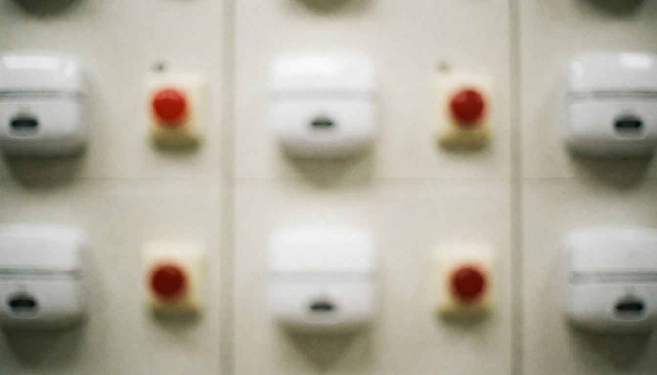 Vue rapprochée d'un panneau de contrôle industriel comportant des interrupteurs et boutons d'alarme rouges et blancs pour la sécurité en entreprise.
