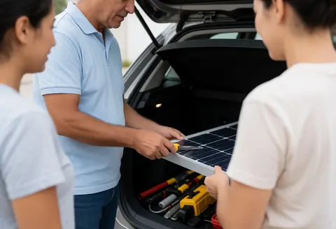 Un technicien pose un panneau solaire dans le coffre d'un véhicule, accompagné de deux personnes.