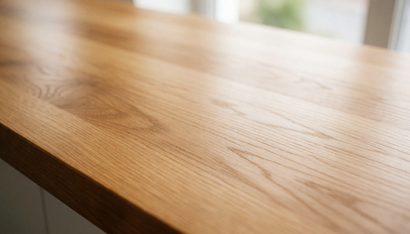 Surface en bois clair poli, idéale pour un bureau ou un comptoir, offrant une texture naturelle et lumineuse.
