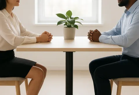 Un homme et une femme assis face à face autour d'une table de bureau avec une plante verte au centre lors d'un échange professionnel.