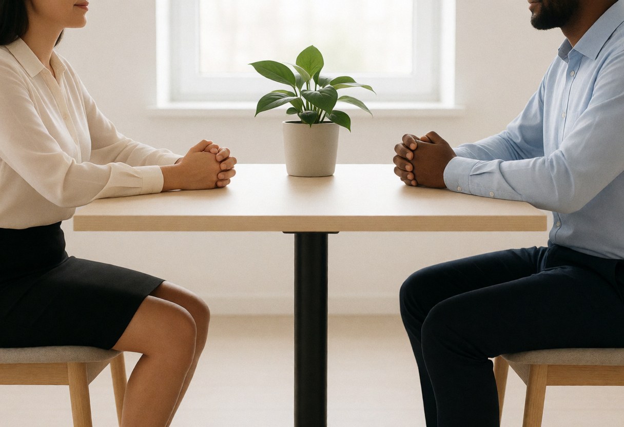 Un homme et une femme assis face à face autour d'une table de bureau avec une plante verte au centre lors d'un échange professionnel.