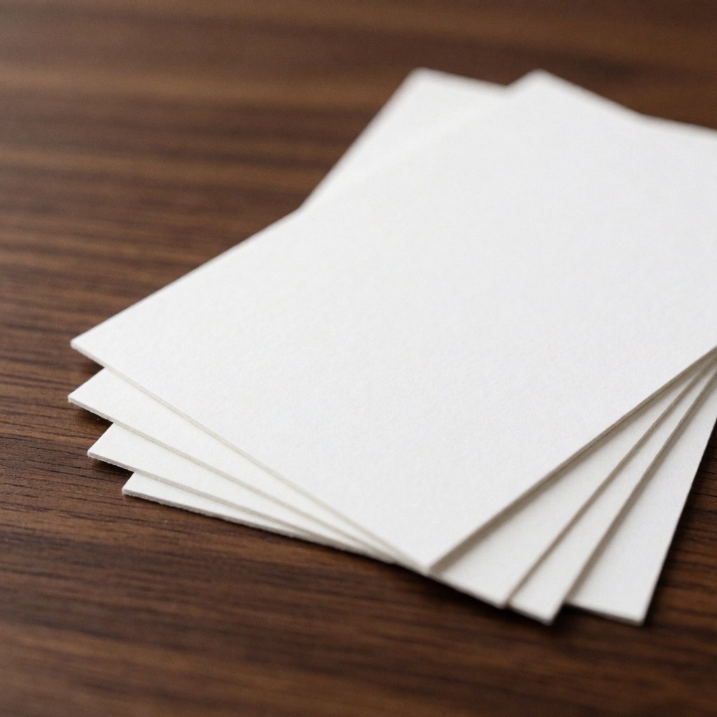 Plusieurs cartes blanches posées les unes sur les autres sur une surface en bois avec une texture visible, vue de dessus.