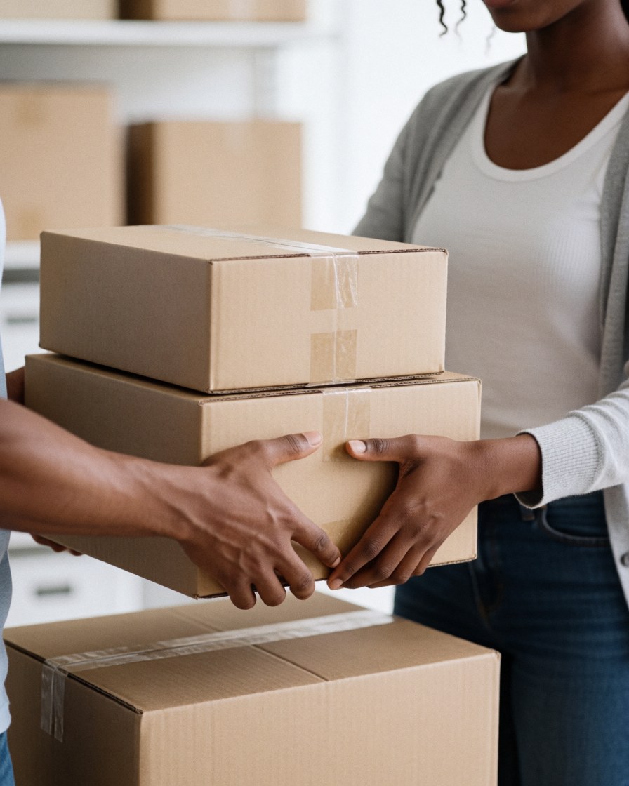 Deux personnes déplacent des colis scellés dans un entrepôt logistique pour le traitement des commandes.