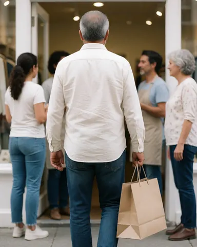 Un client senior quitte un commerce en tenant un sac en papier, tandis que d'autres personnes se trouvent à l'entrée.