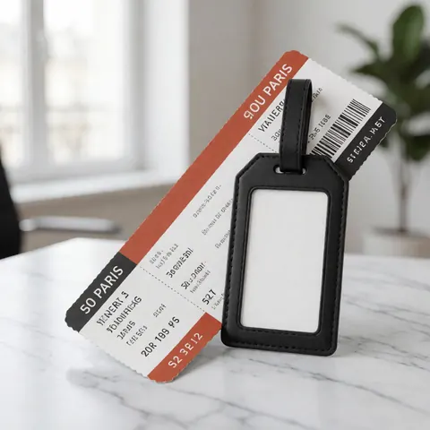 Étiquette d'enregistrement et billet de vol posés sur une table en marbre blanc aux veines grises, vue de dessus.